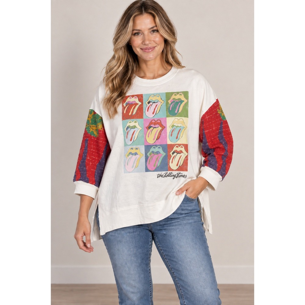 Rolling Stones Pop Art Graphic Sweatshirt XXL Kantha Quilted Sleeve Upcycled